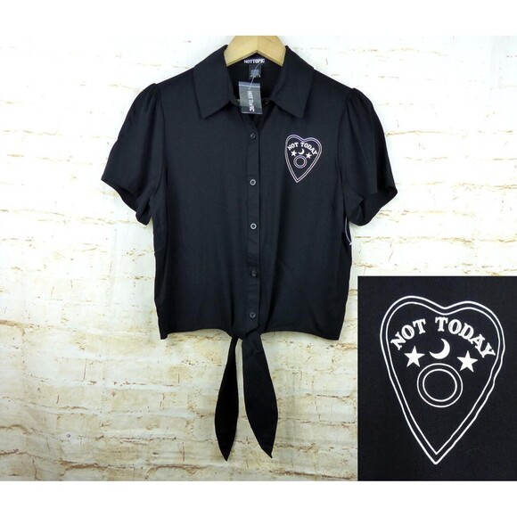 Hot Topic Not Today Planchette Tie Front Button Up Top Womens M Black Goth Rock - Picture 1 of 10